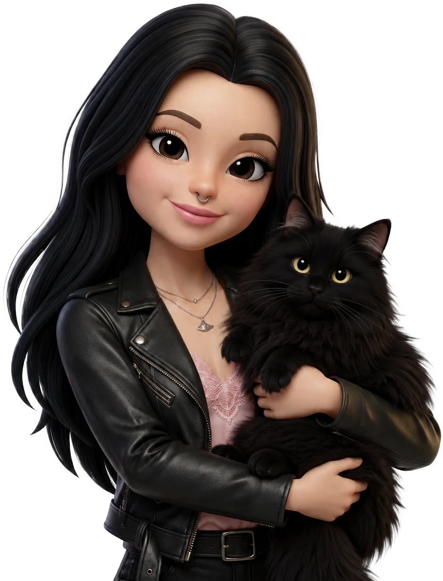 Illustrated avatar of Amy in a black leather jacket, holding her fluffy black cat