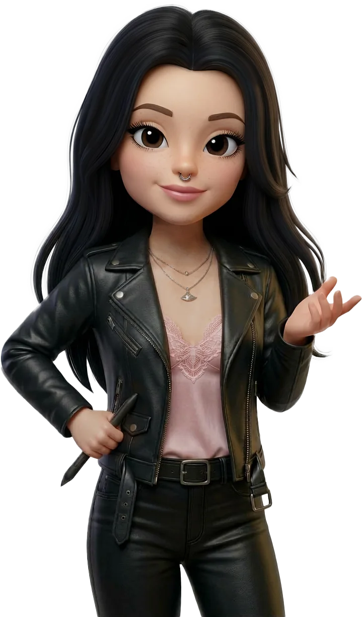 Illustrated avatar of Amy in a black leather jacket, holding a stylus