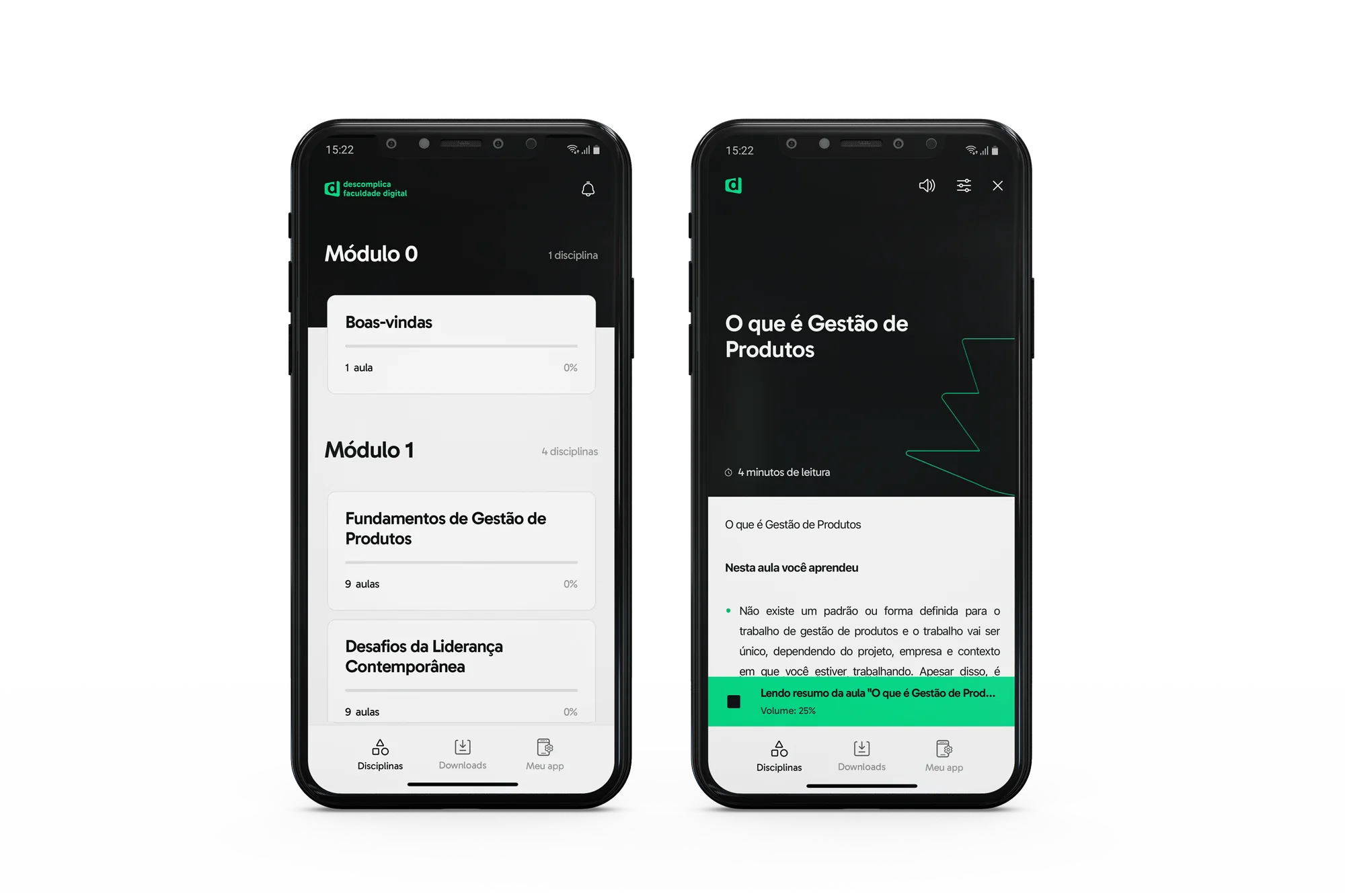 Two phones: the course list with the new bottom navigation (Courses, Downloads, My app), and a lesson summary playing as audio, with the player bar above the navigation.