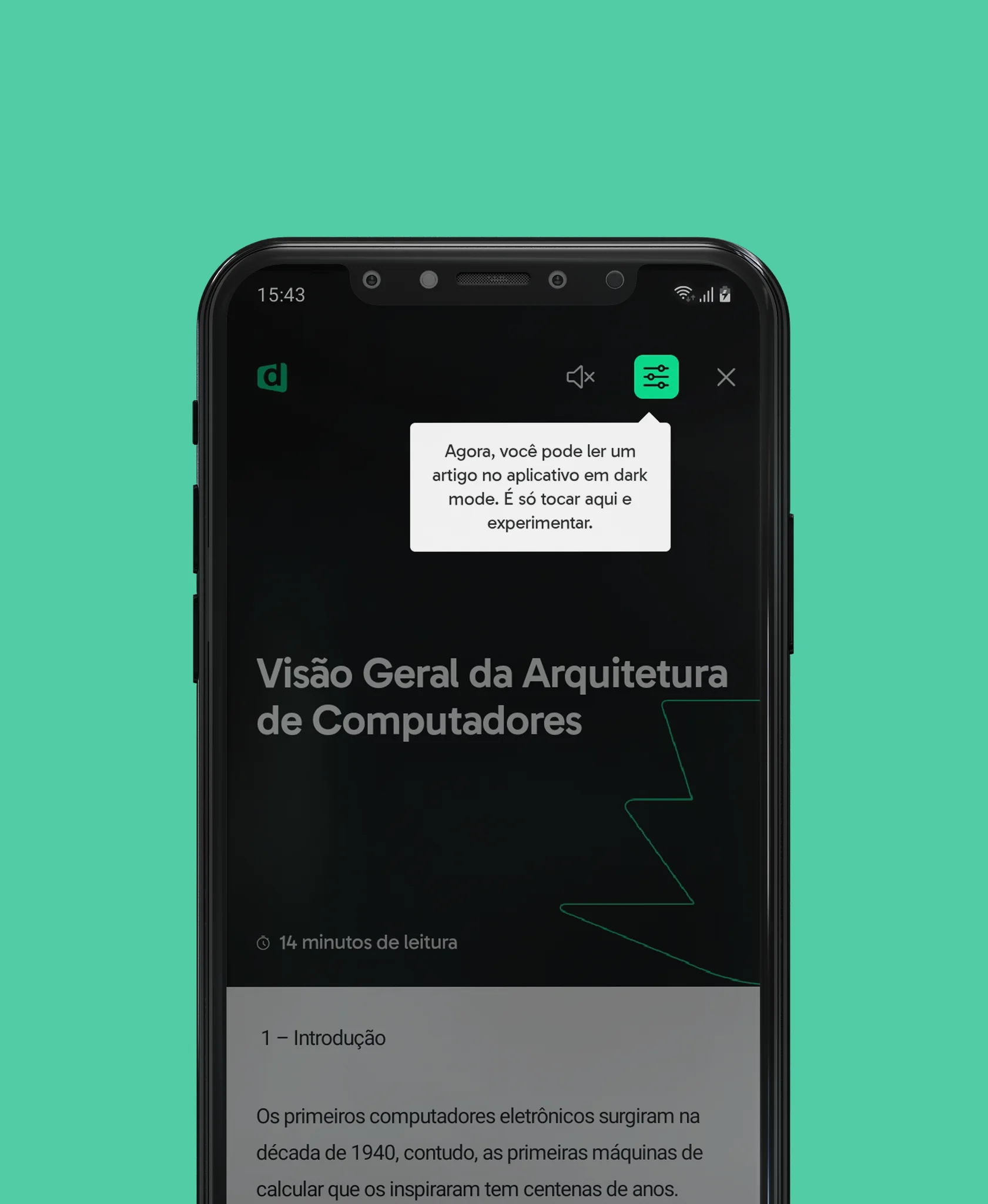 Phone showing a course summary with a tooltip inviting the student to try dark mode.