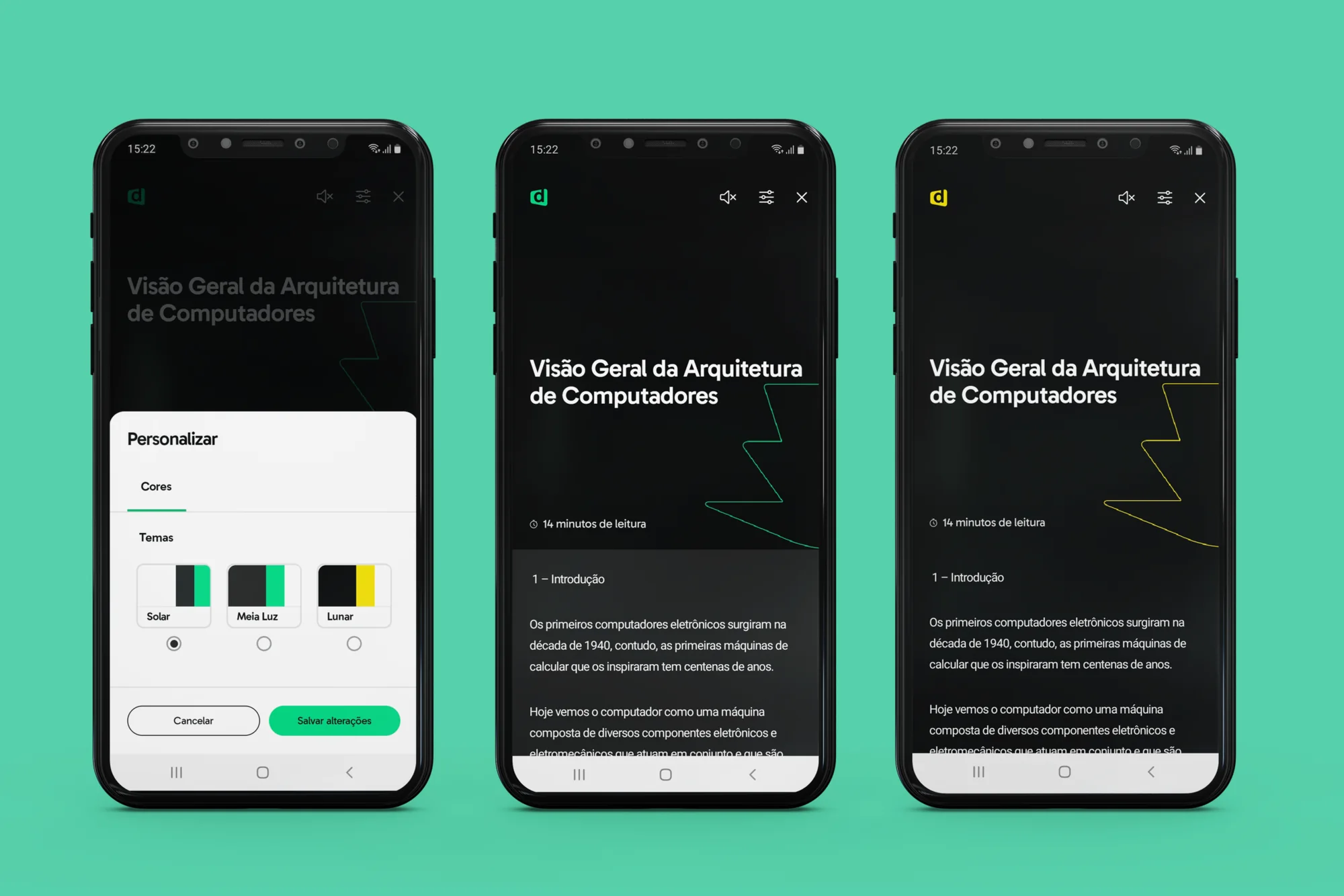 Three phones showing the reading settings with light, dark and high-contrast modes applied to the same summary.