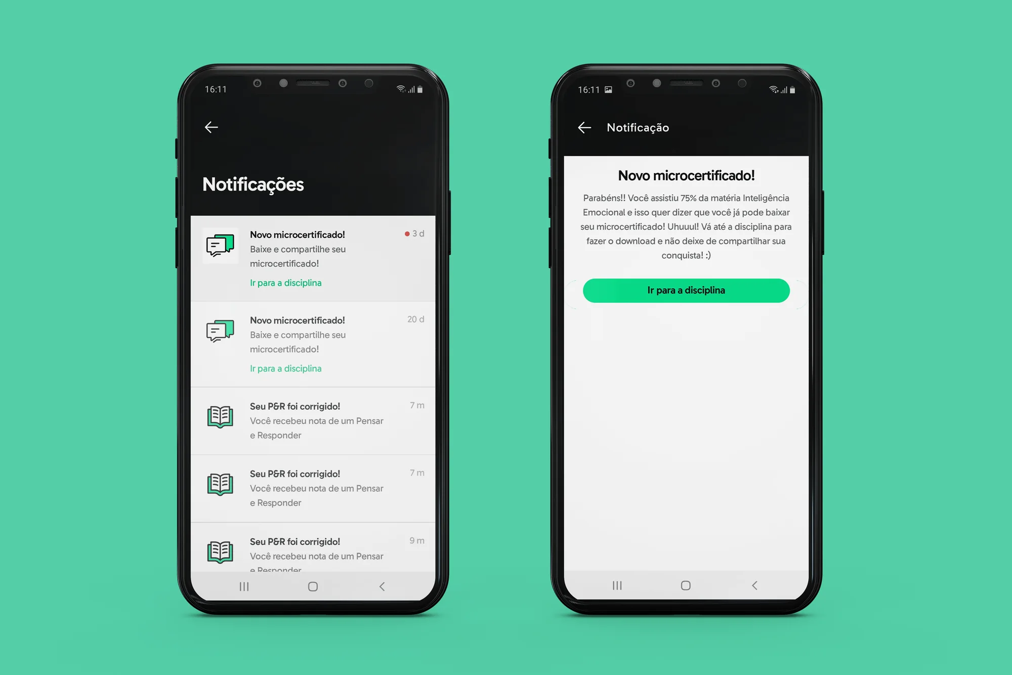Two phones: the notifications list grouped by type, and the empty state when there are no new notifications.