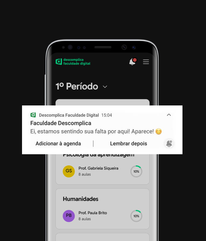 Phone showing a push notification permission prompt over the Descomplica study plan.