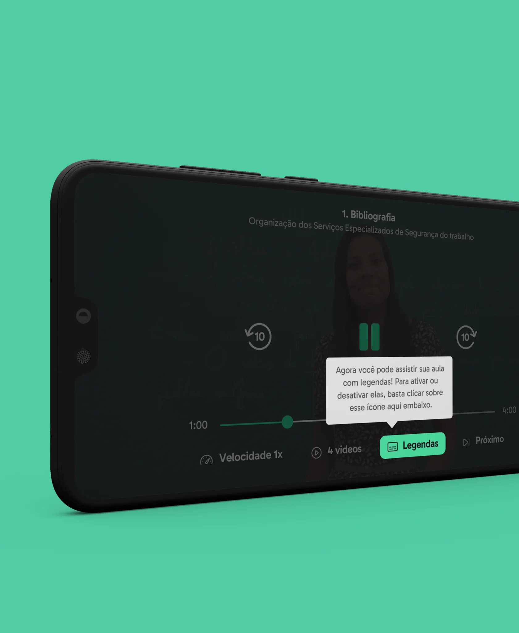 Phone showing a video lesson with a tooltip announcing subtitles.