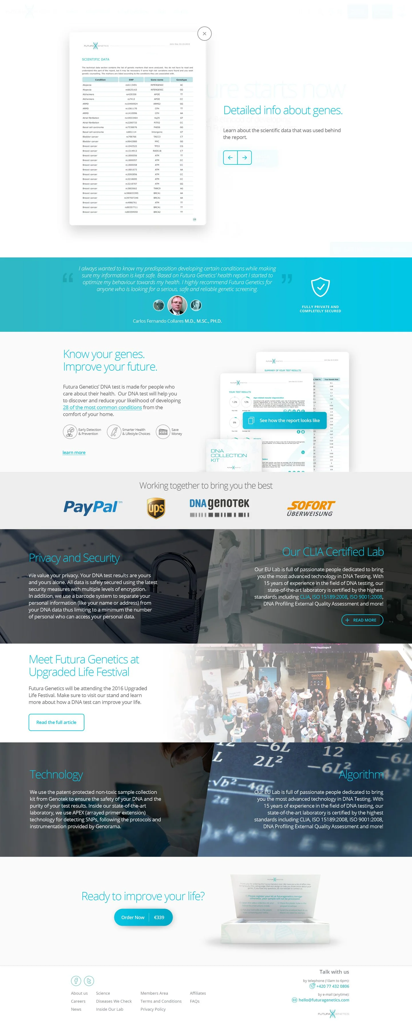 Before: the old homepage, a long page mixing report previews, testimonials, partner logos, lab credentials, events and technology sections.