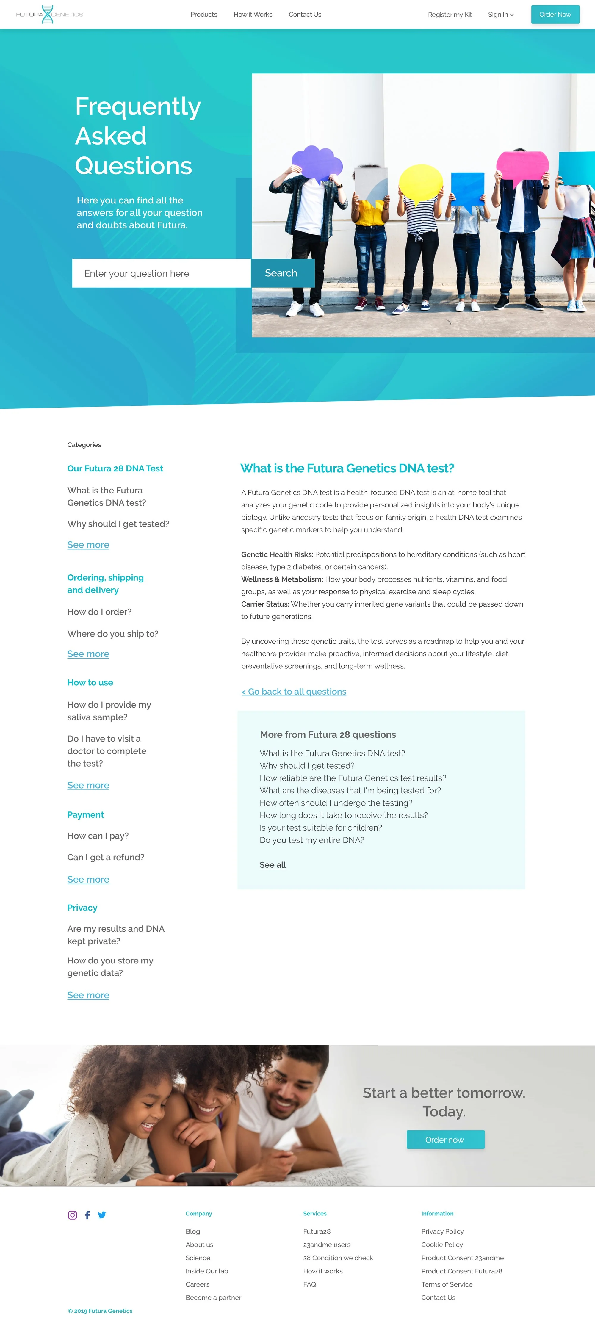 FAQ question page with a search field, categories in the sidebar, the answer, and a list of related questions.