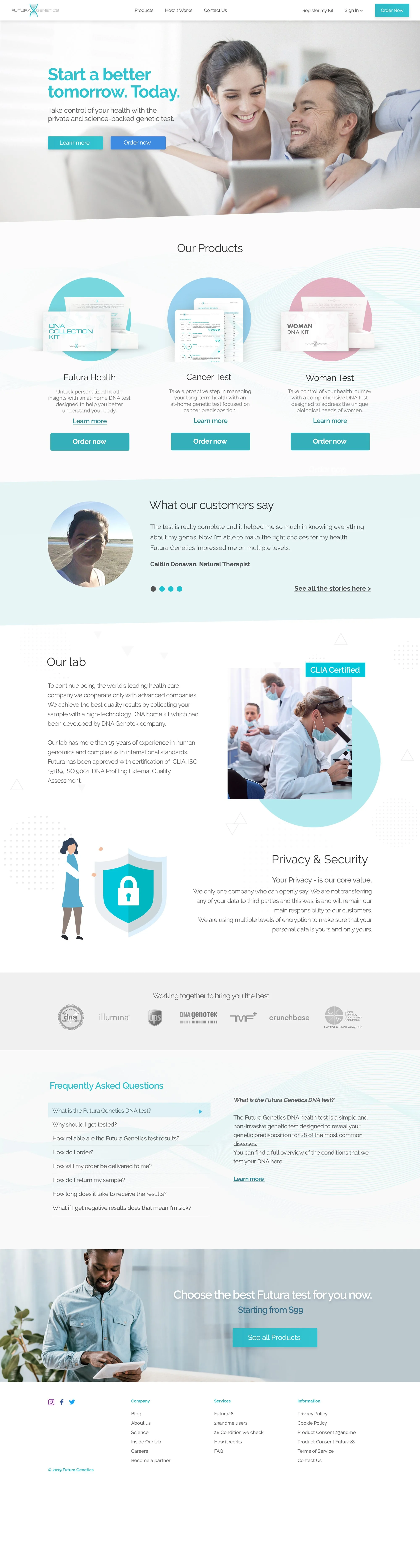 Full redesigned Futura Genetics homepage: hero, products, customer story, lab, privacy and security, partners and FAQ preview.