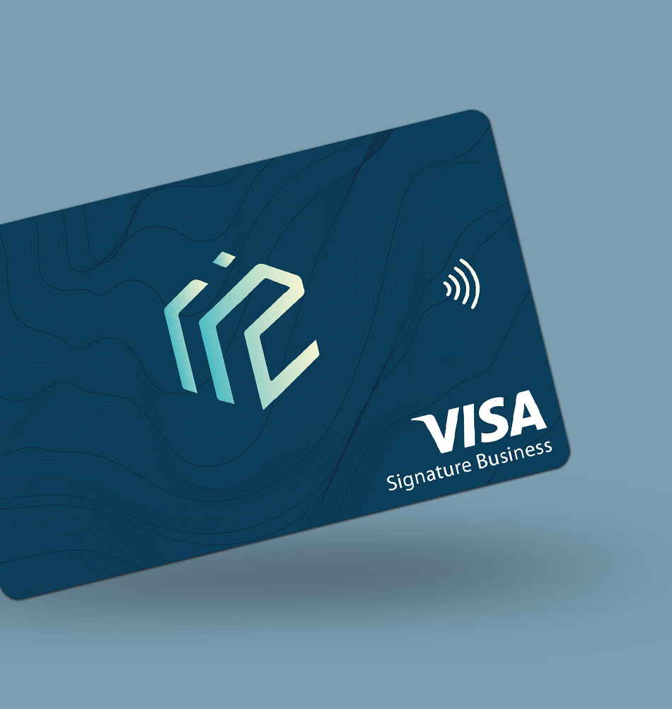 IcPay business card with the IcPay logo on a dark blue background.